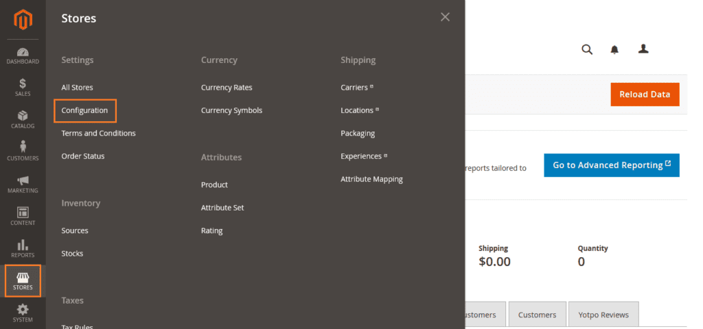 Stores > Settings > Configuration